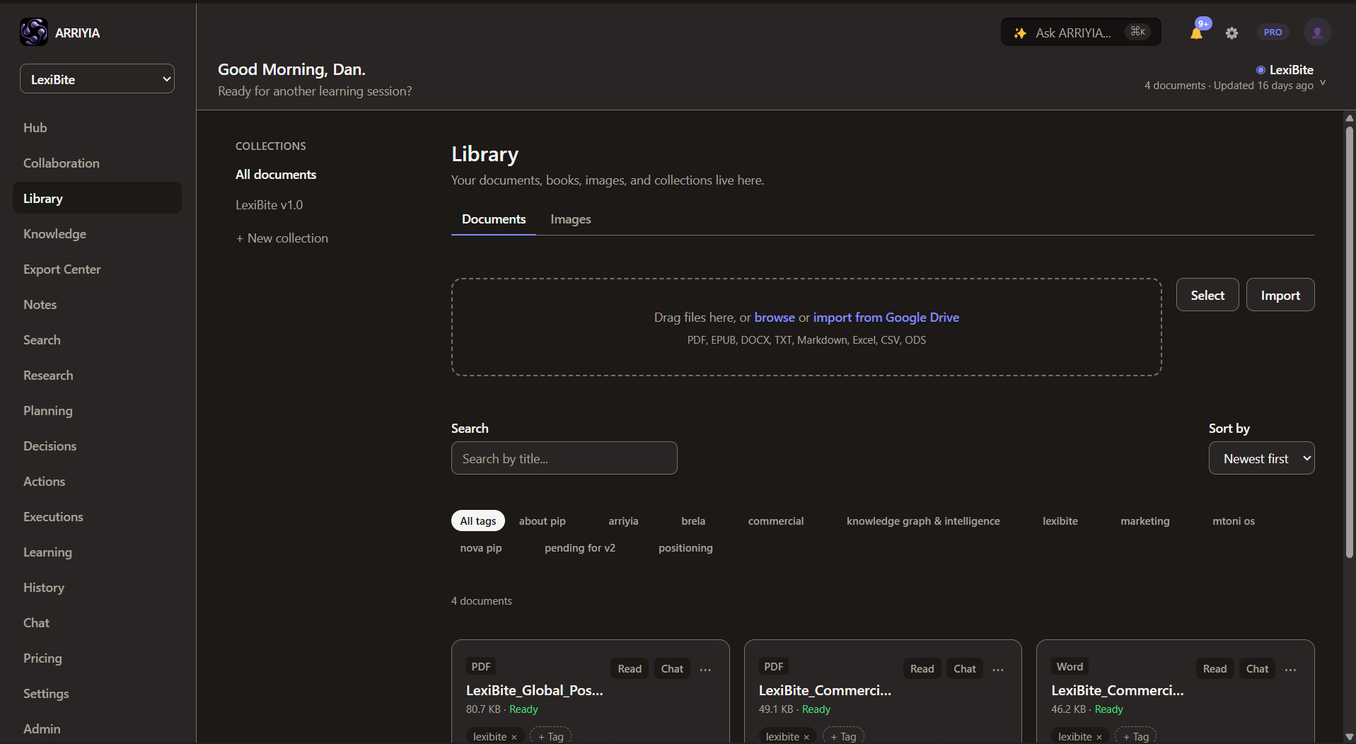 ARRIYIA Library — Documents and collections organised around your knowledge.